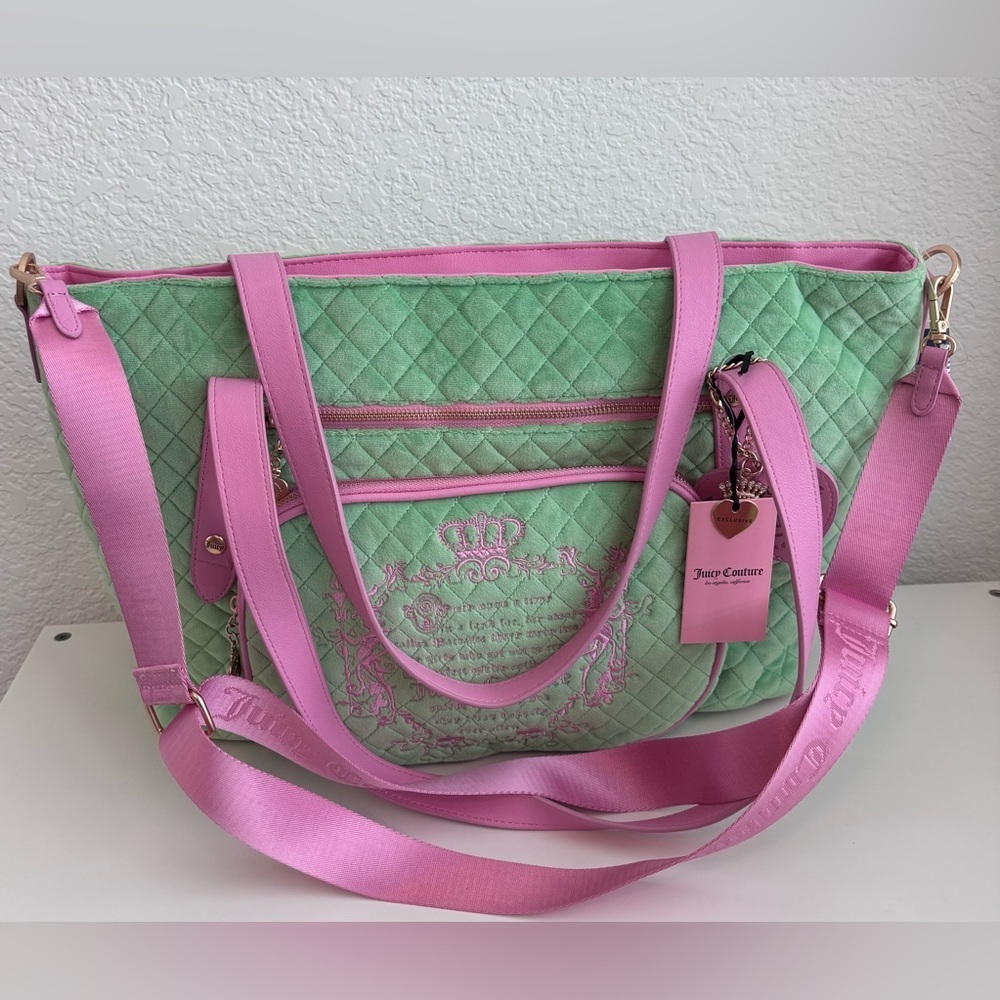 Juicy Couture Mint Green and Pink Quilted Tote
